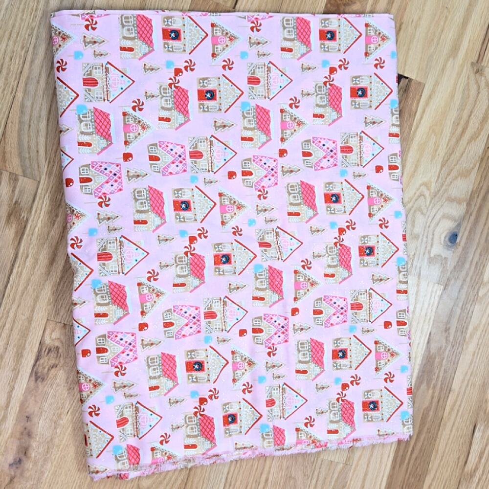 Gingerbread Christmas Village on Glitter Pink, 100% Cotton Fabric, Quilting